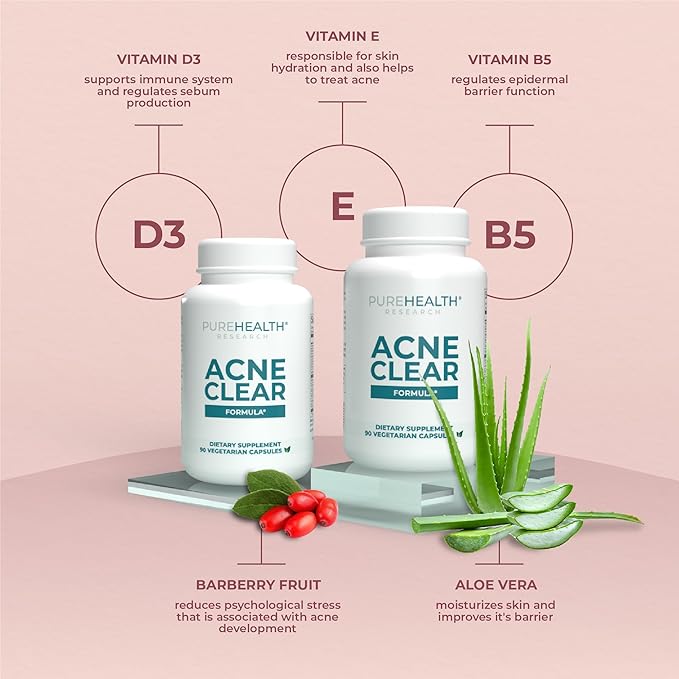 PUREHEALTH RESEARCH Hormonal Acne Supplements - Say Goodbye to Breakouts with Acne Supplements for Women - Zinc for Acne - Powerful Acne Vitamins with Vitamin B5, and Barberry Fruit Extract -1 Bottle