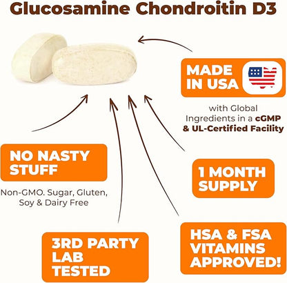 Glucosamine Chondroitin with Vitamin D3, Boswellia, MSM & Bromelain - Joint Health Supplement for Women & Men - Supports Hair, Skin and Nail Health, Strong Bones, and Immune Health. 120 Tablets