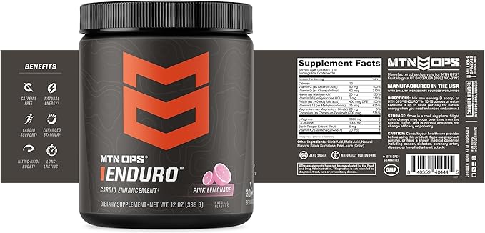 MTN OPS Enduro Nitric Oxide Supplement & Stim-Free Pre Workout - 30 Servings - with Magnesium Citrate, Beet Root Powder, Niacinamide, L Arginine & L Citrulline - Pink Lemonade Flavor