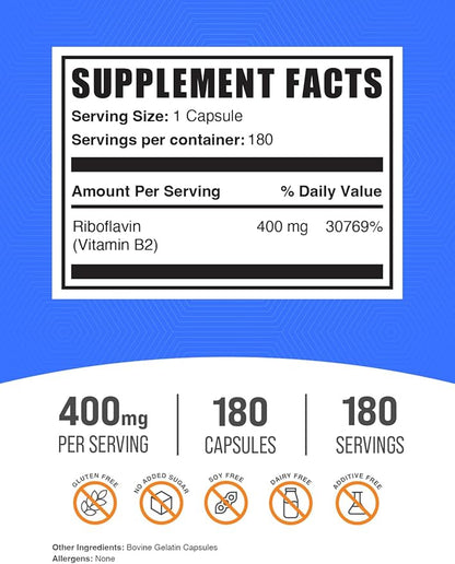 BulkSupplements.com Riboflavin Capsules - Vitamin B2 400 mg, Riboflavin 400mg - Essential B Vitamin, Gluten Free, 1 Capsule per Serving, 180 Capsules (Pack of 1)