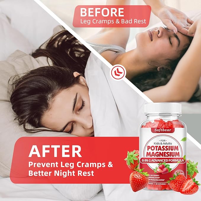 softbear Potassium Gummies for Adults, High Absorption Magnesium Potassium Supplement with Vitamin B6 for Leg Cramps & Muscle Health Sugar-Free Vegan Strawberry 120 Gummies