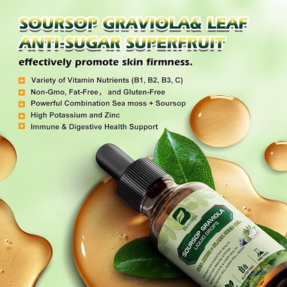 Soursop Bitters Liquid Drops, Soursop Graviola Multivitamin Drops with Sea Moss Black Seed oil Supplement - Soursop Fruit Supports Relax & Antioxidant, Slowing Cell-Aging, Immunity, Liver Health