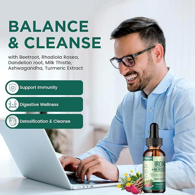 Liquid Iron Supplement for Women, Men, Iron Drops with Women's Health Herb Blend, Calcium, Zinc & Multivitamin - Support Blood Builder, Skin, Energy, Immune for Iron Deficiency, Anemia, Vegan 2 Fl Oz