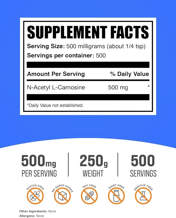 BulkSupplements.com N-Acetyl L-Carnosine Powder - Carnosine Supplement, N-Acetyl Carnosine 500mg - Gluten Free, 500mg per Serving, 250g (8.8 oz) (Pack of 1)