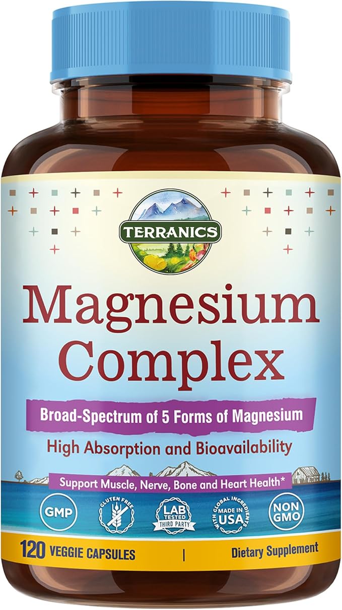 Terranics 5-in-1 Magnesium Complex Supplement 500mg - 5 Forms High Absorption Magnesium Glycinate Citrate Malate Aspartate Gluconate - Non-GMO 120 Vegan Magnesio Capsule for Sleep Muscle Heart Health