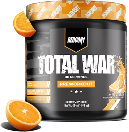 REDCON1 Total War Preworkout - Contains 320mg of Caffeine from Green Tea, Juniper & Beta Alanine - Pre Work Out with Amino Acids to Increase Pump, Energy + Endurance (Orange Crush, 30 Servings)