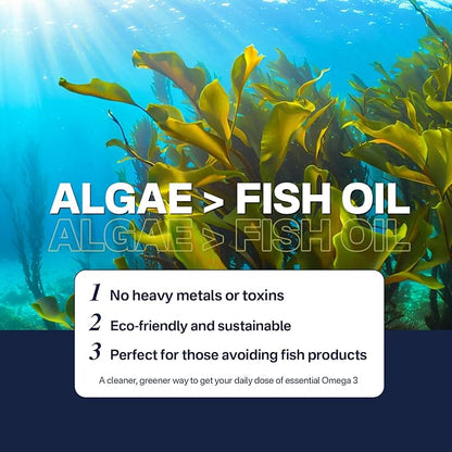 Vegan Omega-3 Algae Oil + DHA 720mg & EPA 360mg, Methyl B9, B12, Vitamin B6 & E, Plant-Based Fish Oil Alternative Omega 3 Supplement, for Brain, Eye, Energy, Immunity, Carrageenan Free, 120 Softgels