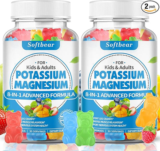 softbear Sugar Free Potassium Magnesium Gummies for Adults Kids, High Absorption Potassium Supplement Gummies Supports Leg Cramps & Muscle & Immune Health, Delicious Mixed Fruit Flavor 120 Count