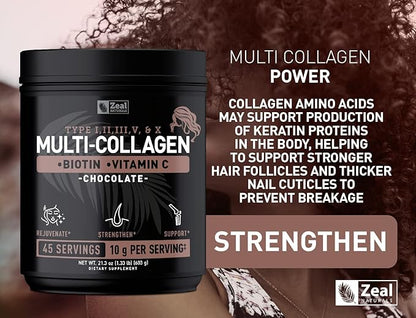 Premium Multi Collagen Peptides Protein Powder (1, 2, 3, 5 & 10) with Vitamin C, Biotin, Hyaluronic Acid, for Hair Skin and Nails - Marine, Bovine, Chicken & Eggshell (Chocolate, 45 Servings)