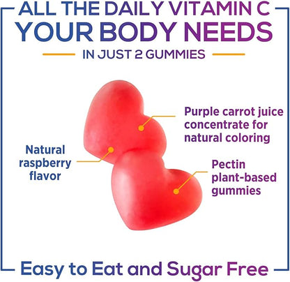 Zero Sugar Vitamin C Gummies - Immune Support & Antioxidant Vitamin Dietary Supplement - Vegan, Non-GMO, Dairy & Gluten Free C Vitamin Gummy - Raspberry Flavor for Kids & Adults - 60 Count Gummies