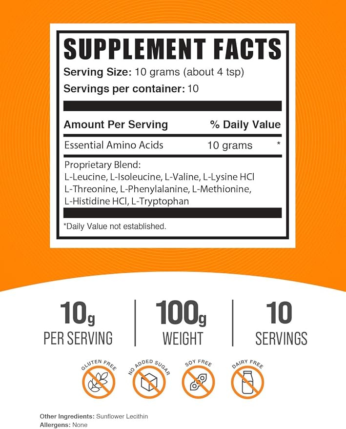 BulkSupplements.com Essential Amino Acids Powder - Essential Amino Acids Supplement, EAA Powder - Unflavored & Gluten Free, 10g of EAAs Amino Acids per Serving, 100g (3.5 oz) (Pack of 1)