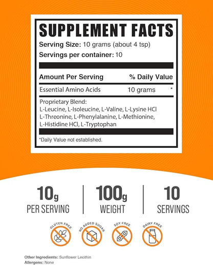 BulkSupplements.com Essential Amino Acids Powder - Essential Amino Acids Supplement, EAA Powder - Unflavored & Gluten Free, 10g of EAAs Amino Acids per Serving, 100g (3.5 oz) (Pack of 1)