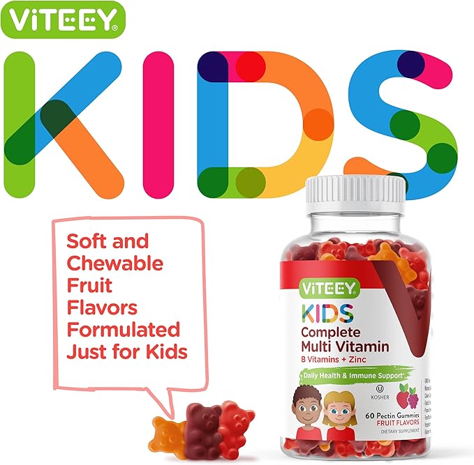 Kids Multivitamin Gummies, Complete Daily Essential Kids Vitamins - Great for Immune Support & Overall Health - 12 Essential Minerals & Vitamins - Vegetarian, Gelatin Free- Chewable Fruit Flavor Gummy