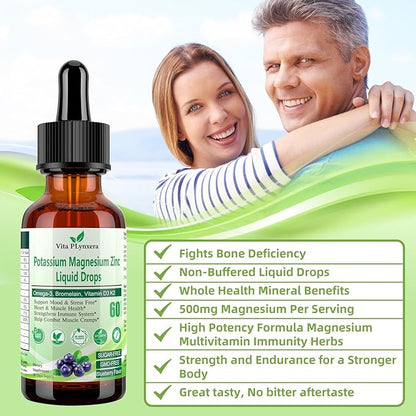 2 Pack Potassium Magnesium Supplement Liquid Drops Plus Calcium Omega-3 D3 B6 K2, Organic Liquid Potassium Magnesium Aspartate, Citrate, for Leg Cramp, Vascular Muscle & Electrolyte Balance