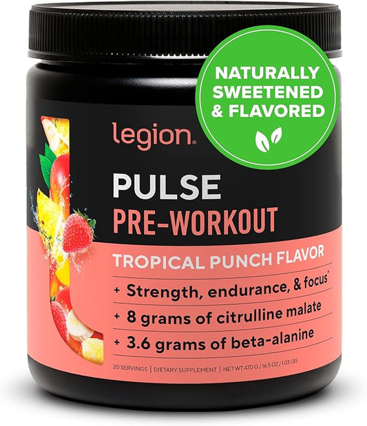 LEGION- All Natural Nitric Oxide Preworkout Drink to Boost Energy, Creatine Free, Naturally Sweetened, Beta Alanine, Citrulline, Alpha GPC (Tropical Punch)