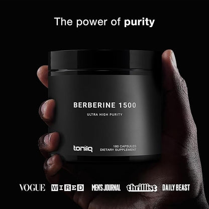 Toniiq Ultra High Strength Berberine 1500mg from The Himalayas Berberine Supplement - 97% Highly Purified and Bioavailable -Wild Harvested-Concentrated Formula HCL -3 Caps Serving-180 Veggie Caps