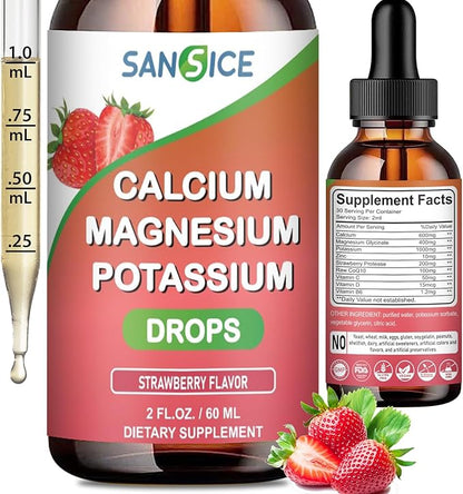 Calcium Magnesium Potassium Supplements,Magnesium Glycinate 400mg Zinc MultiVitamin Drops Calcium Magnesium Supplement High Absorption Vegan Non GMO (60ml/Strawberry Flavor)