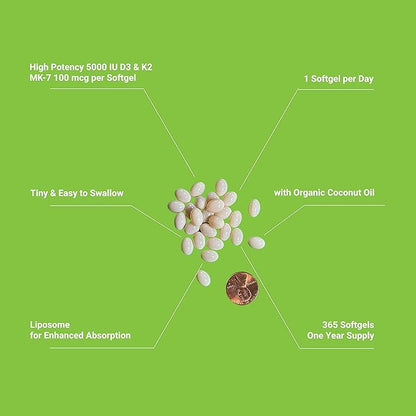 UpNourish Liposomal D3 & K2 MK-7, Advanced Absorption for Optimal Bone and Immune Health, Supplies 5000 IU 125 mcg Vitamin D3 and 100 mcg Vitamin k2 with Organic Coconut Oil, 365 Mini softgels