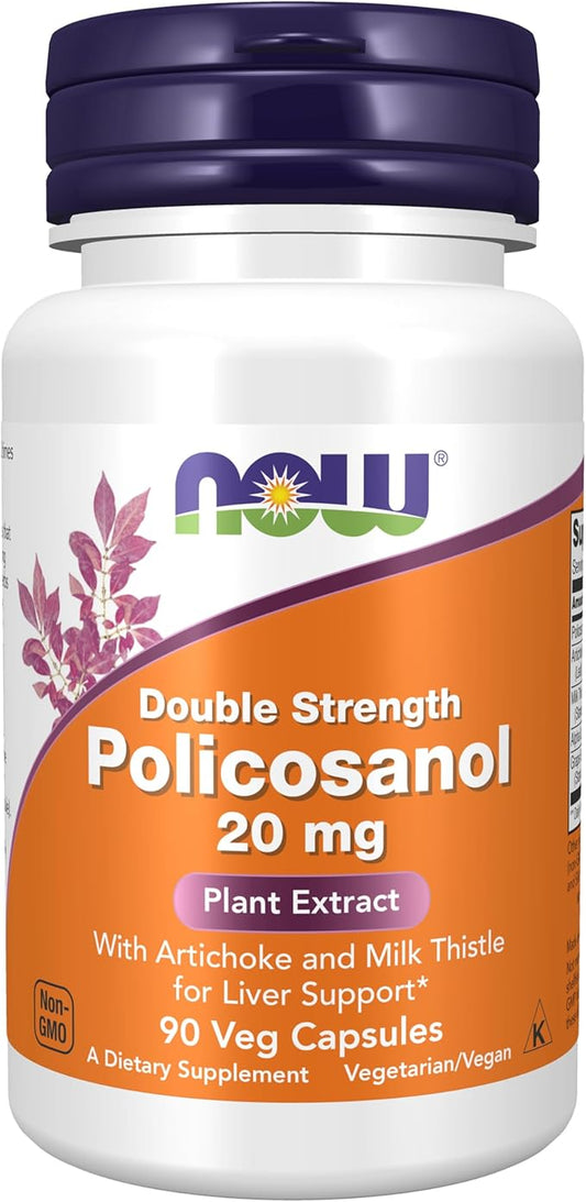 NOW Foods Supplements, Policosanol 20 mg, Double Strength, Blend of Long-Chain Fatty alcohols (LCFAs) Derived from Sugar Cane, 90 Veg Capsules
