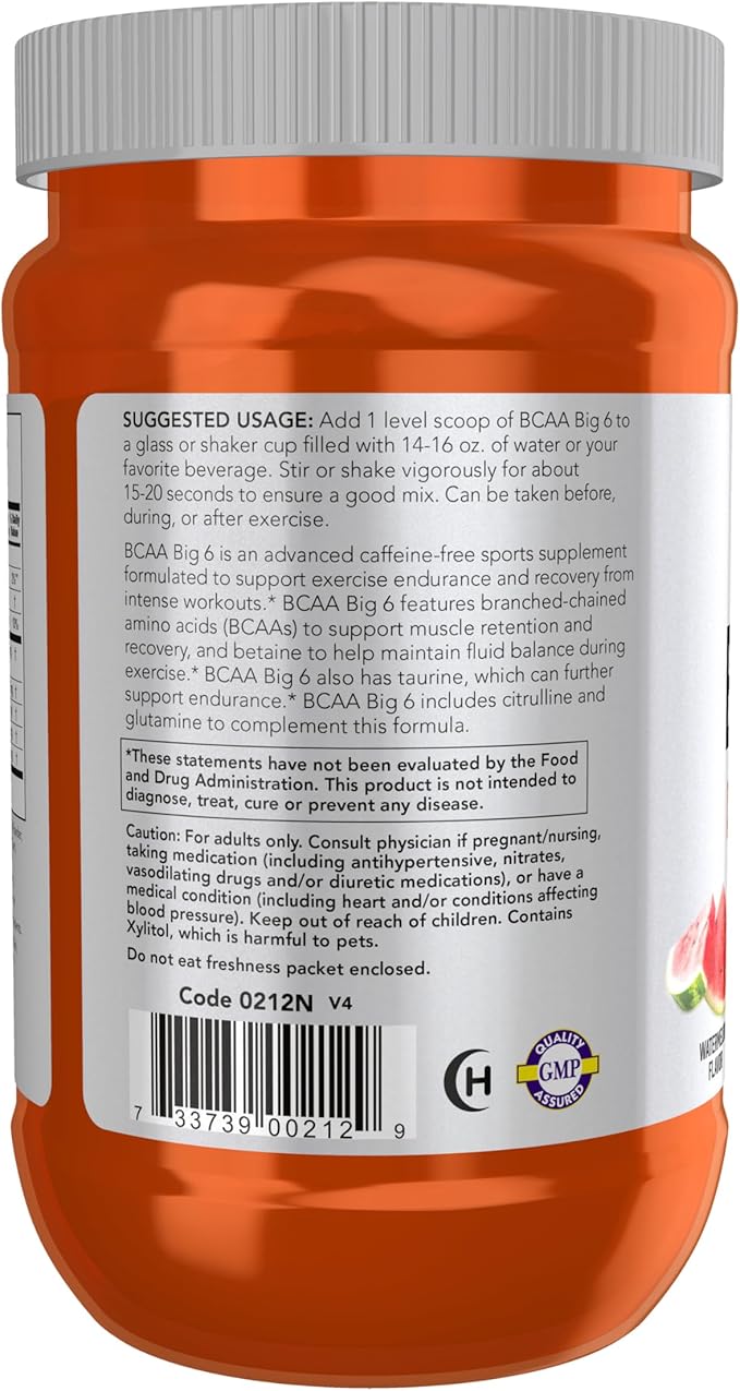 NOW Foods Sports Nutrition, BCAA (Branched Chain Amino Acids) Big 6, Watermelon Flavor, 600 Grams
