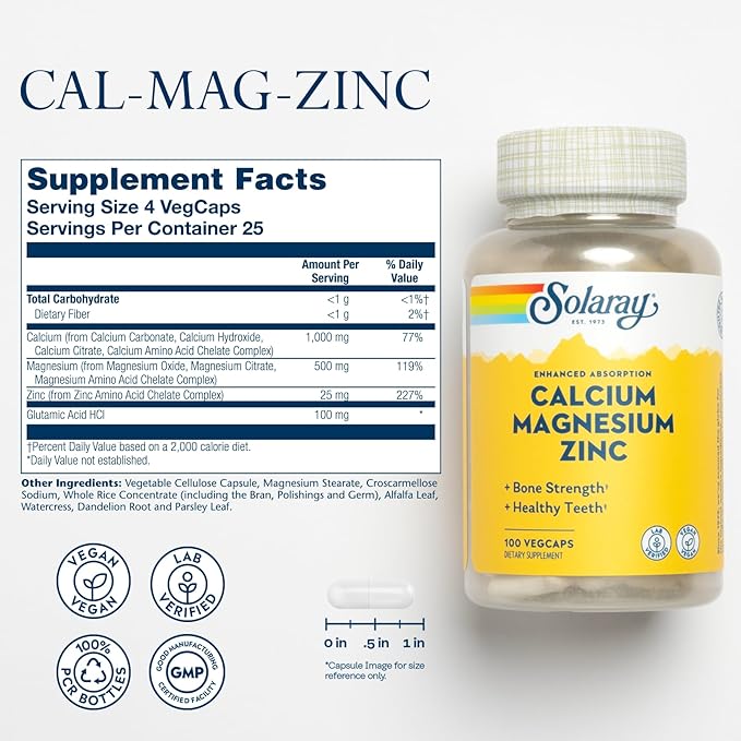 SOLARAY Calcium Magnesium Zinc Supplement - with Calcium 1000mg, Magnesium 500mg - Bone Health, Muscle Function, Heart Health and Immune Support - Vegan, 60 Day Guarantee, 25 Servings, 100 VegCaps