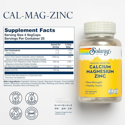 SOLARAY Calcium Magnesium Zinc Supplement - with Calcium 1000mg, Magnesium 500mg - Bone Health, Muscle Function, Heart Health and Immune Support - Vegan, 60 Day Guarantee, 25 Servings, 100 VegCaps