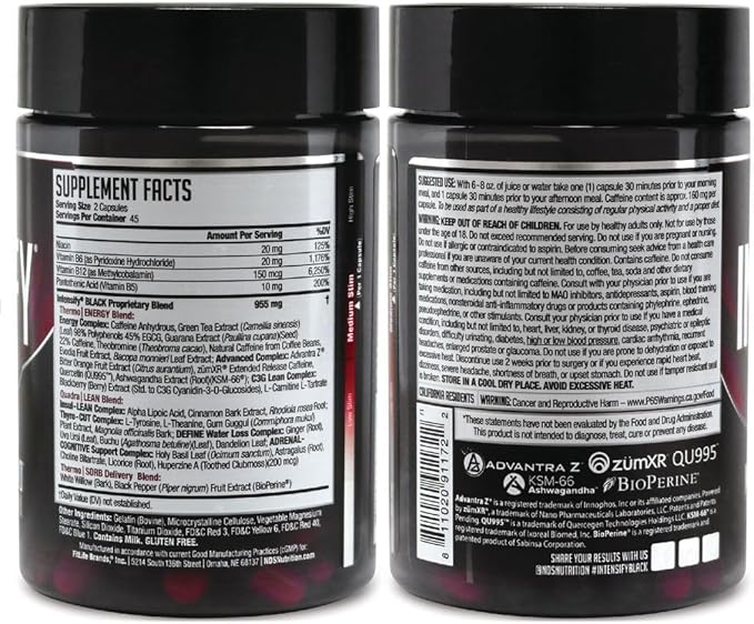 Intensify NDS Nutrition Black - Thermogenic Blend with Advantra Z for Fat and Water Loss - Boost Metabolism, Burn Calories, Help Suppress Appetite - Improve Body Tone, Muscle Definition - 90 Capsules