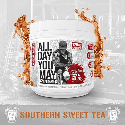 5% Nutrition Rich Piana AllDayYouMay Caffeinated BCAA Energy Powder | Premium Pre Workout Amino Energy & Electrolytes | Hydration, Endurance & Recovery | 16.3 oz, 30 Servings (Southern Sweet Tea)