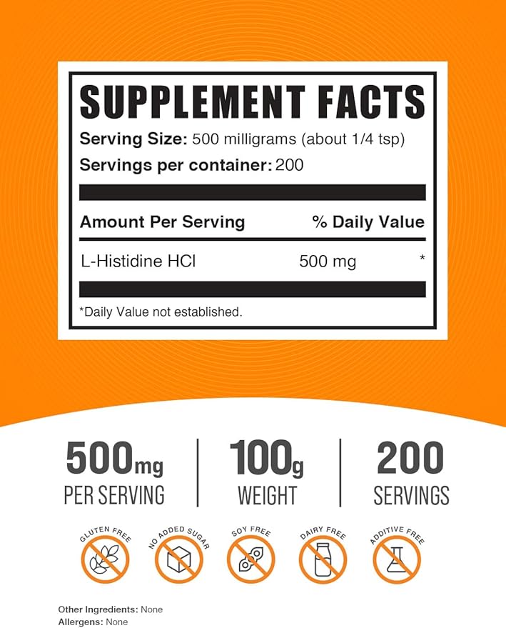 BulkSupplements.com L-Histidine HCl Powder - L-Histidine Supplement, Histidine 500mg - Essential Amino Acid, Gluten Free, 500mg per Serving, 100g (3.5 oz) (Pack of 1)