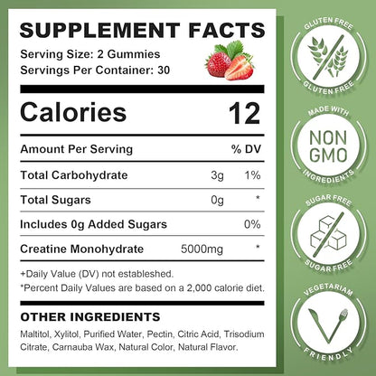 Creatine Monohydrate Gummies for Men & Women, Chewables Creatine Monohydrate for Muscle Strength, Muscle Builder, Energy Boost, Sugar Free, Vegan, Strawberry Flavor-60 Count
