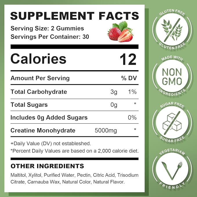 Creatine Monohydrate Gummies for Men & Women, Chewables Creatine Monohydrate for Muscle Strength, Muscle Builder, Energy Boost, Sugar Free, Vegan, Strawberry Flavor-120 Count