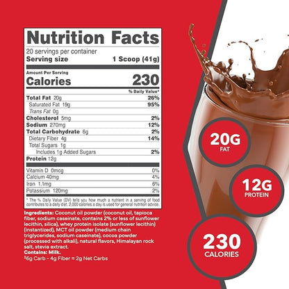 KetoLogic Keto Meal Replacement Shake Powder for Optimal Results + MCT Oil + Grass-Fed Whey - Perfectly Formulated Macros for Ketosis - 20 Servings - Chocolate