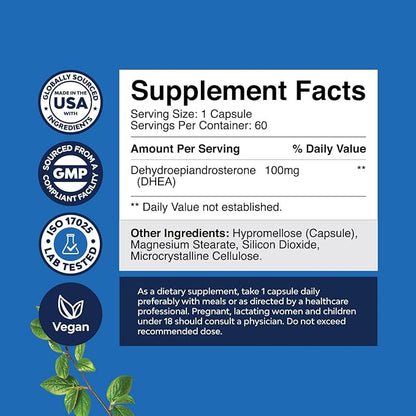 DHEA 100mg for Men and Women - Vegan High Strength DHEA Supplement for Women & Men for Enhanced Energy and Hormone Balance for Women & Men - Men and Womens Hormone Balance Supplement (2 Month Supply)