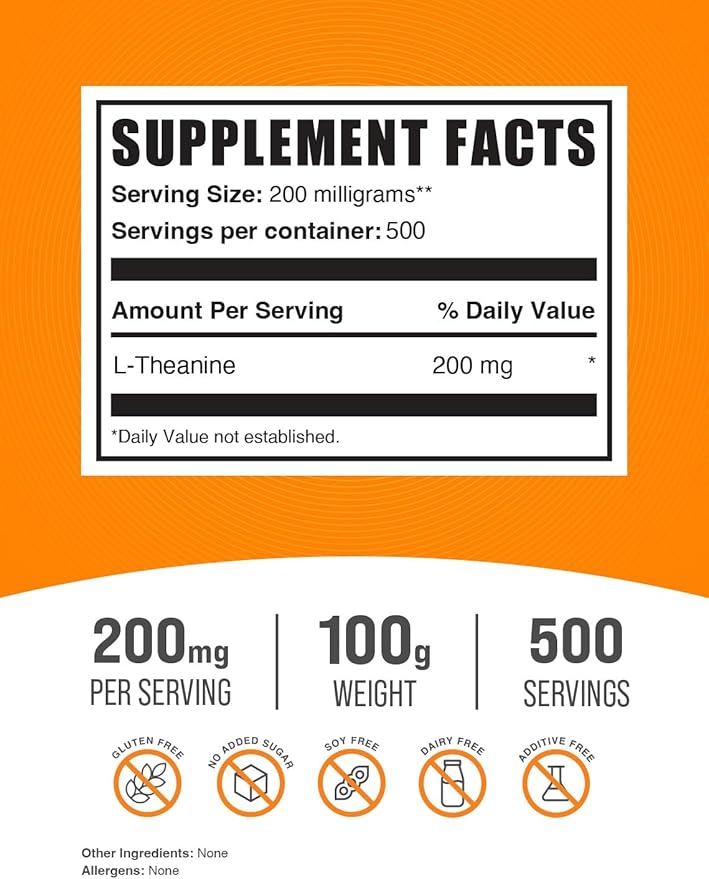 BulkSupplements.com L-Theanine Powder - L-Theanine Supplement, L-Theanine 200mg - Amino Amino Supplement, Pure & Gluten Free, 200mg per Serving, 100g (3.5 oz) (Pack of 1)