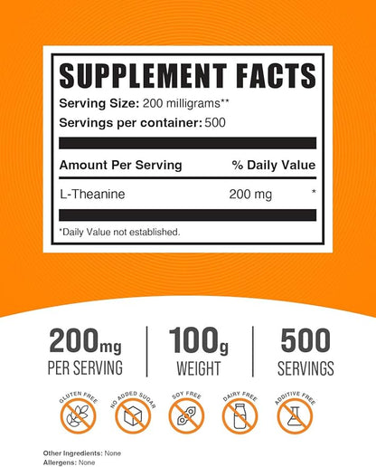 BulkSupplements.com L-Theanine Powder - L-Theanine Supplement, L-Theanine 200mg - Amino Amino Supplement, Pure & Gluten Free, 200mg per Serving, 100g (3.5 oz) (Pack of 1)