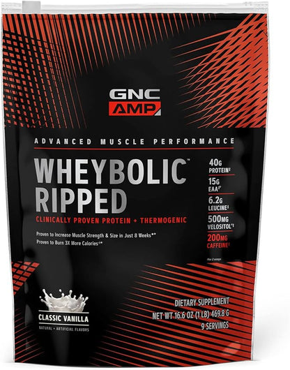 GNC AMP Wheybolic Ripped Whey Protein Powder Isolate with BCAA | Targeted Muscle Building and Workout Support Formula | Gluten Free | Classic Vanilla | 9 Servings