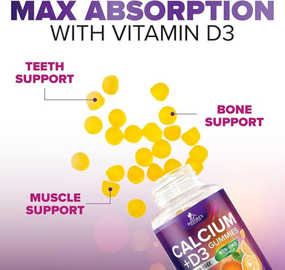 Sugar Free Calcium Gummy Bites Plus 400 IU Vitamin D3, Bone Health & Immune Support, Supports Bone Strength - Chewable Calcium Nutrition Supplement, Non-GMO, Orange Flavor Chews - 60 Gummies