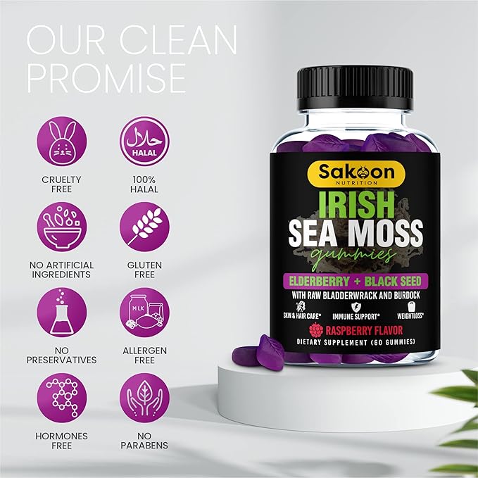 Sakoon nutrition Irish Sea Moss Gummies w/Elderberry & Black Seed Oil - Beauty, Joints & Immune Support | Rich in Vitamins, Raspberry Flavor | 60 Gummies