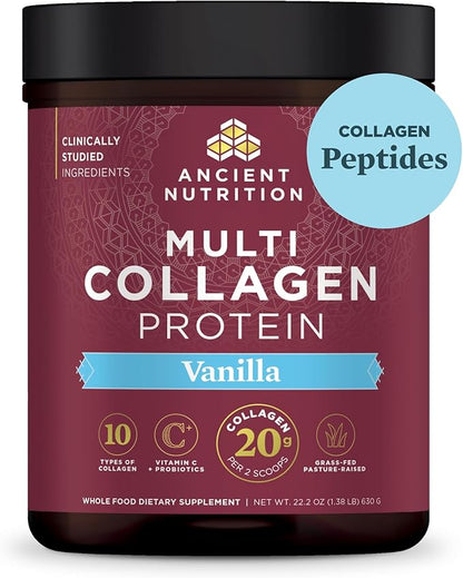 Ancient Nutrition Collagen Powder Protein with Probiotics, Multi Collagen Protein with Vitamin C, Hydrolyzed Collagen Peptides Supports Skin and Nails, Gut Health (60 Servings, Vanilla)