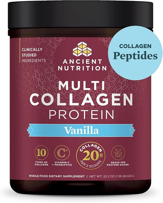 Ancient Nutrition Collagen Powder Protein with Probiotics, Multi Collagen Protein with Vitamin C, Hydrolyzed Collagen Peptides Supports Skin and Nails, Gut Health (60 Servings, Vanilla)