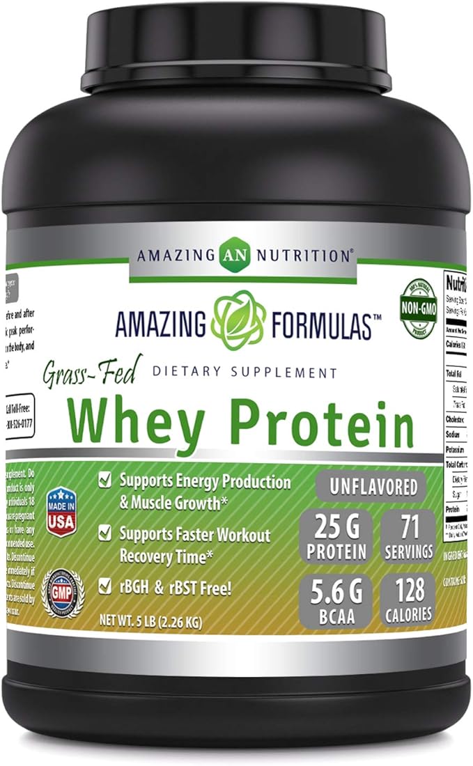 Amazing Formulas Grass-Fed Whey Protein Supplement | 5 Lbs | Unflavored | 25 G Protein Per Serving | Non-GMO | Gluten-Free | Made in USA