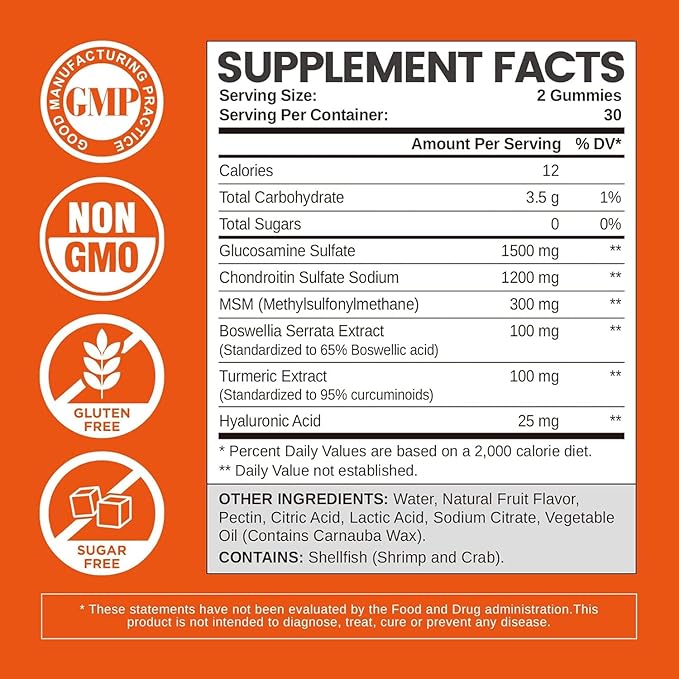 Glucosamine Chondroitin Gummies Sugar Free, Joint Support Gummies Supplements for Adults Men & Women, 1500mg Glucosamine Chewables with MSM Turmeric, 60 Count