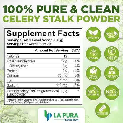 LaPura Organic Celery Powder Detox Cleanse - Fresh Celery Juice Powder to Support Gut Health & Naturally Detox - Cleanse & Detoxify, Antioxidant Just Celery Organic 30 Servings, 6.35 Ounce