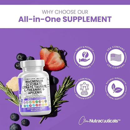 Magnesium Glycinate Complex 1000mg with L-Theanine 200mg Apigenin 50mg Citrate Taurate Supplement - 5-HTP GABA Passion Flower Lemon Balm L-Glycine Phosphatidylserine Ashwagandha - 60 Count