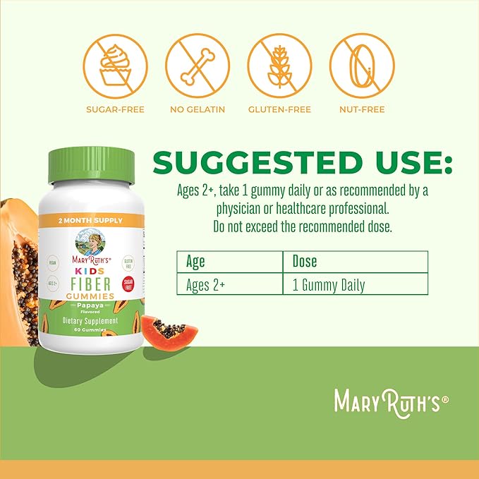 MaryRuth Organics Nutritional Supplement, 2 Month Supply, Sugar Free, Prebiotic, for Kids Ages 2+, Gut Health and Digestion Support, 3g Soluble Fiber Per Gummy, 60 Count