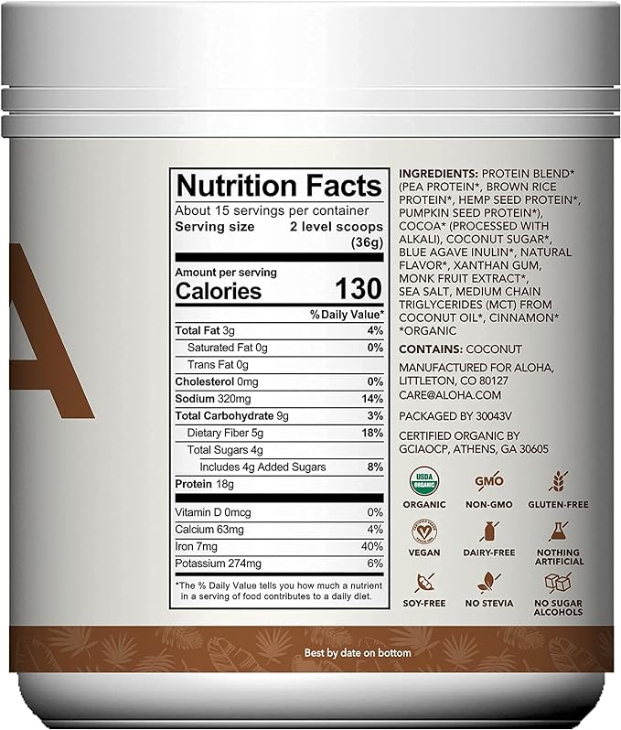 ALOHA Organic Plant Based Protein Powder, Stevia Free, Chocolate, 19.6 oz, 15 Servings