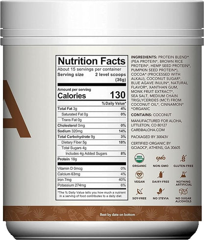 ALOHA Organic Plant Based Protein Powder, Stevia Free, Chocolate, 19.6 oz, 15 Servings