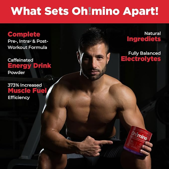 Oh!mino Amino Acid Energy Blend - Pre-Post Workout Powder, BCAA Amino Acids, Workout Recovery Drink, Muscle Synthesis Activator, Caffeinated Berry Blast, 280 g, 40 Servings