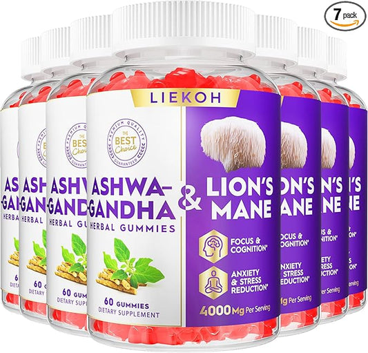 Ashwagandha & Lions Mane Gummies for Adults -Cortisol and Brain Health, 4000mg Ultra Strength Lion's Mane Mushroom Supplements for Cognitive & Immune, Berry Flavor - 420 Organic Mushroom Gummies