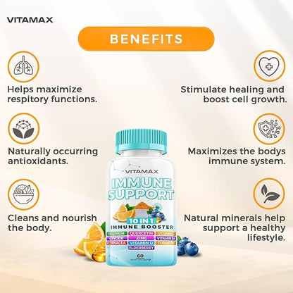 10-in-1 Immune System Support Booster with Elderberry, D3, Selenium, Quercetin, Zinc, Vitamin C, Ginger, Turmeric Curcumin, B6, Echinacea – Natural Immune Defense – Made in USA (60 Count (Pack of 1))